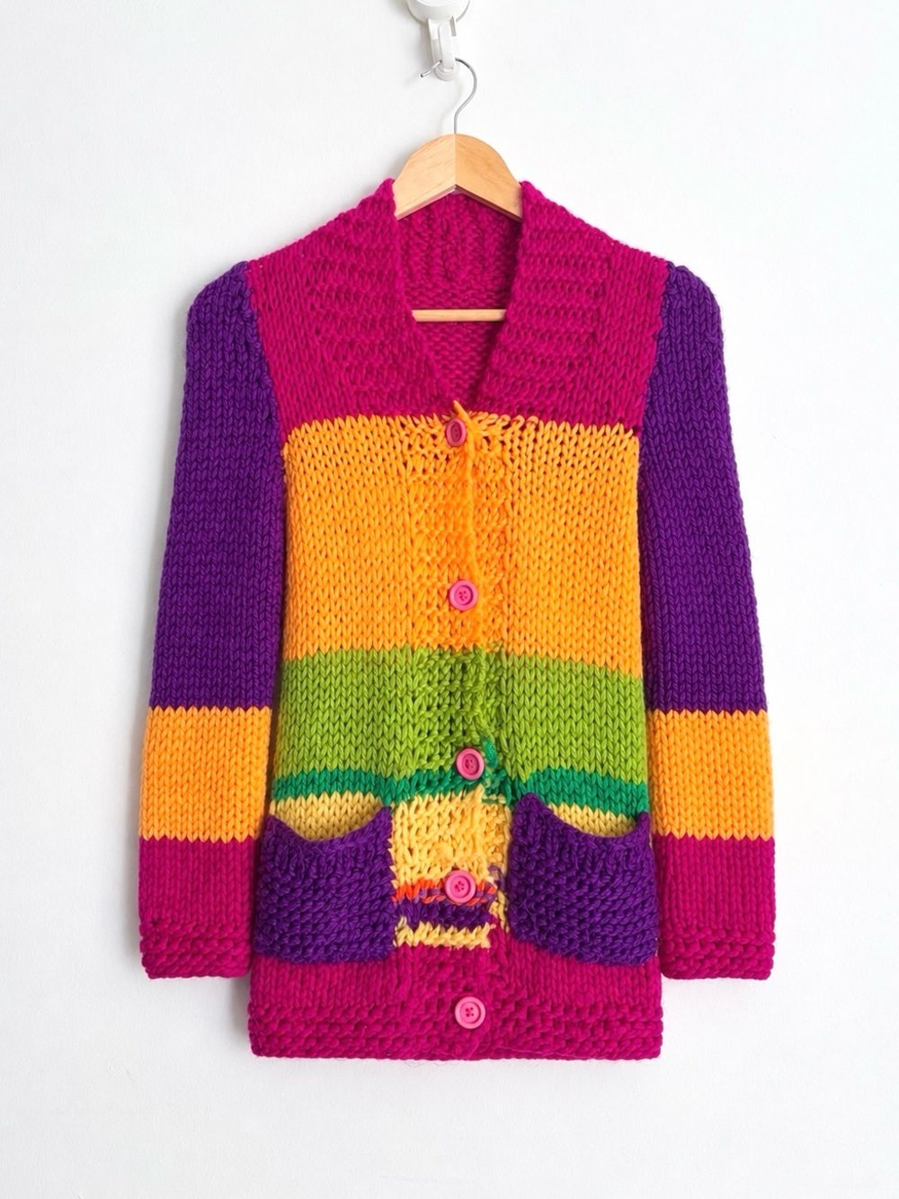 Vintage Hand Knit Colorblock Cardigan Pink Buttons Maximalist XS
